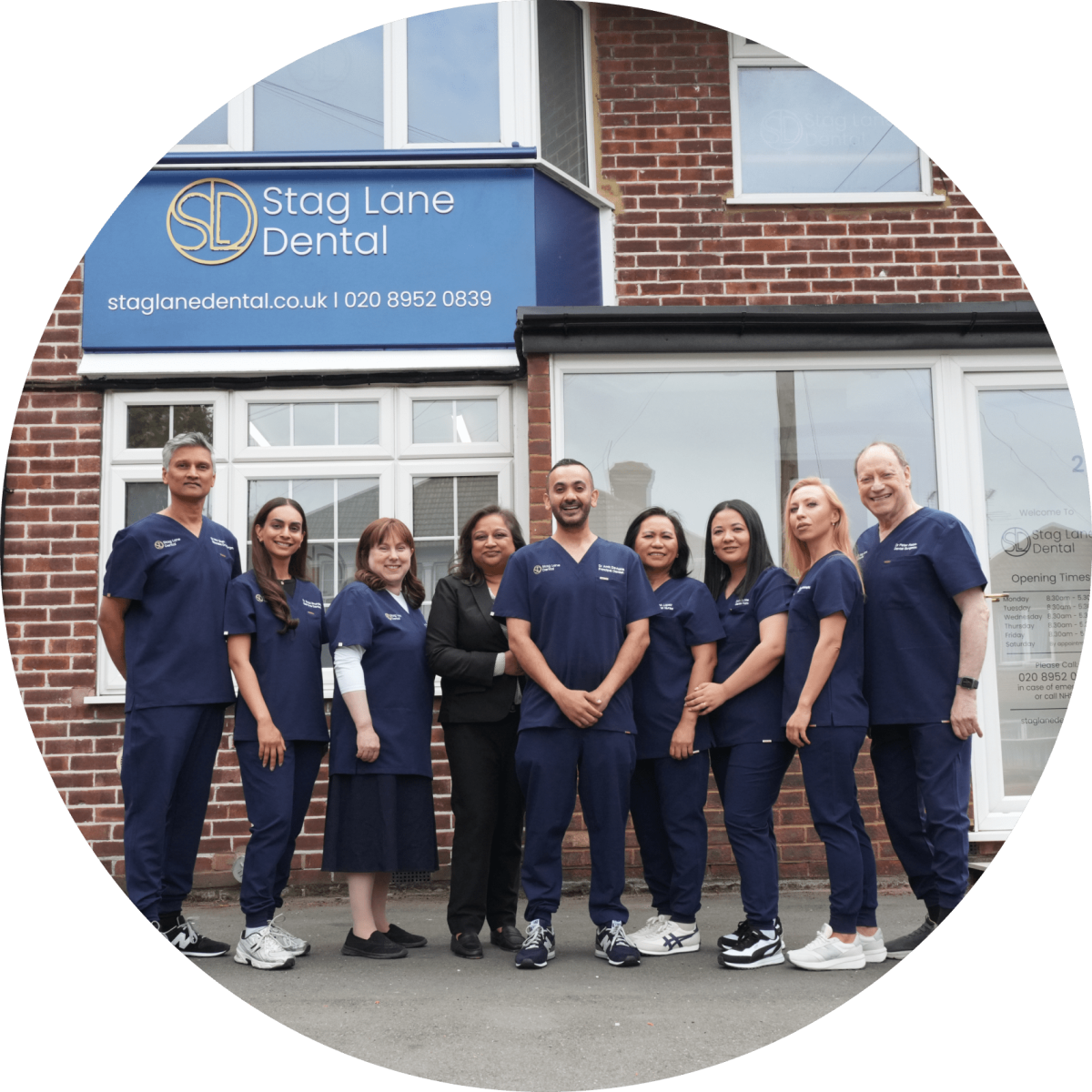 The Stag Lane Dental team standing outside the practice on Stag Lane, Edgware